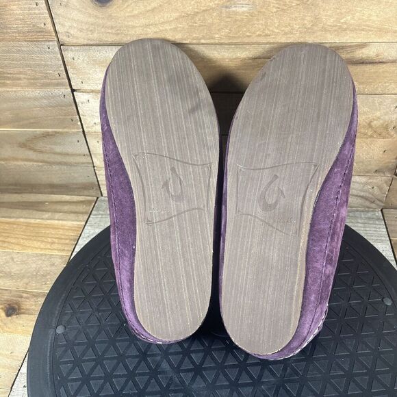 Olukai Nohea Slippers Womens Sz 5 Mystic Berry Red Nubuck Leather Fur Shearling - Picture 9 of 10
